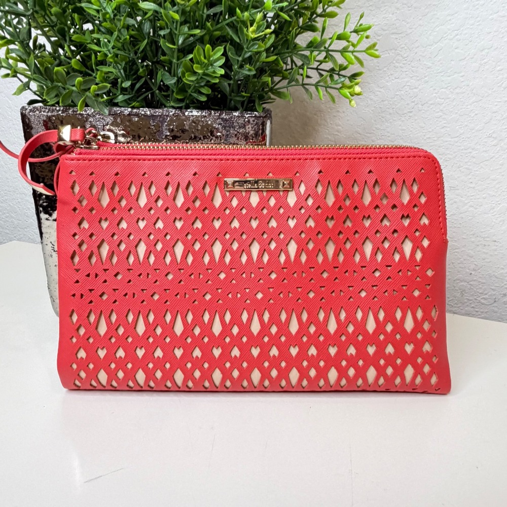 Stella & Dot Geranium Red Clutch Bag Laser Cut Diamond Faux Leather Boho NWOT OS